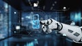 Futuristic Robotic Hand Interacting with Digital Security Icons in a High-Tech Environment. Auvana Royalty Free Stock Photo