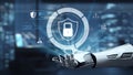Futuristic Robotic Hand Interacting with Digital Security Interface and Lock Symbol in Modern High-Tech Environment Royalty Free Stock Photo