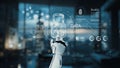 Futuristic robotic hand interacting with digital security interface showcasing data protection technology and Royalty Free Stock Photo