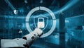 Futuristic Robotic Hand Interacting with Digital Security Lock Interface in High-Tech Environment, Concept of Data Royalty Free Stock Photo