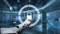 Futuristic Robotic Hand Interacting with Digital Security Lock Interface in High-Tech Environment, Concept of Data Royalty Free Stock Photo