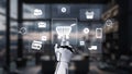 Futuristic robotic hand interacting with digital shopping icons in modern office setting, showcasing innovation in e Royalty Free Stock Photo