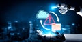 Futuristic robotic hand interacting with digital symbols representing data transfer, cloud computing, and error warning Royalty Free Stock Photo