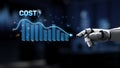 Futuristic robotic hand interacting with digitized financial chart showcasing cost reduction and data analysis in a Royalty Free Stock Photo