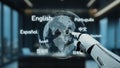 Futuristic robotic hand interacting with a global language display in an office setting showcasing various languages Royalty Free Stock Photo