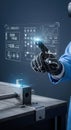 Futuristic Robotic Hand Interacting with Holographic Display in Advanced Manufacturing Setting Royalty Free Stock Photo