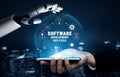 Futuristic Robotic Hand Interacting with Human Hand in Software Development Lifecycle Concept with Digital Icons and Royalty Free Stock Photo