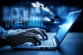 Futuristic robotic hand interacting with laptop for data analysis showcasing technology, artificial intelligence, and Royalty Free Stock Photo