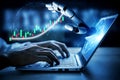 Futuristic Robotic Hand Interacting with Laptop Displaying Financial Graphs and Data Analytics Concepts Impute Royalty Free Stock Photo