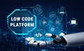 Futuristic Robotic Hand Interacting with Low Code Platform in Virtual Environment with Digital Elements and Interface Royalty Free Stock Photo