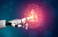 Futuristic robotic hand interacting with a virtual warning symbol against a backdrop of binary code and digital patterns Royalty Free Stock Photo