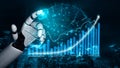 Futuristic robotic hand interacting with data visualization and analytics in a digital environment showcasing growth and Royalty Free Stock Photo