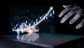 Futuristic robotic hand interacting with digital financial graph showcasing stock market data and growth trends in a Royalty Free Stock Photo