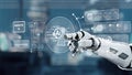 Futuristic robotic hand interacts with digital interface showcasing generative AI technology concepts and data analytics Royalty Free Stock Photo