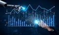 Robotic Hand Interacting with Financial Data Graphs and Charts in a Futuristic Digital Environment for Business Insights Royalty Free Stock Photo