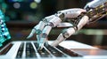 A futuristic robotic hand interacts with a laptop, showcasing the integration of artificial intelligence and technology Royalty Free Stock Photo