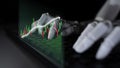 Futuristic Robotic Hand on Keyboard Analyzing Stock Market Data with Green and Red Candlestick Chart for Financial Royalty Free Stock Photo