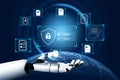 Futuristic robotic hand offering digital security interface with locked shield, password entry, and data icons in a Royalty Free Stock Photo
