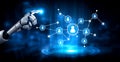 Futuristic robotic hand pointing at a digital network of interconnected human icons and data symbols on a blue glowing Royalty Free Stock Photo