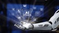 Futuristic robotic hand presenting concepts of artificial intelligence ethics with icons representing responsibility Royalty Free Stock Photo