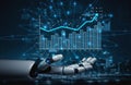 Futuristic robotic hand presenting data analysis graphs with upward trends and digital connections, symbolizing Royalty Free Stock Photo