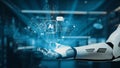 Futuristic robotic hand presenting digital artificial intelligence concept with glowing data symbols, communication Royalty Free Stock Photo