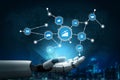 Futuristic Robotic Hand Presenting Digital Connections, Data Graphs, and Symbols Representing Technology, Business, and Royalty Free Stock Photo