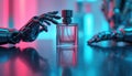 Futuristic robotic hand presenting luxury perfume bottle. Modern tech design, neon light, chrome. AI, artificial intelligence Royalty Free Stock Photo