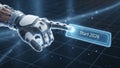 Futuristic Robotic Hand Pressing Digital Start Button for 2026 Royalty Free Stock Photo
