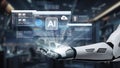Futuristic robotic hand interacting with artificial intelligence interfaces showcasing data analysis, digital technology Royalty Free Stock Photo