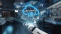 Futuristic Robot Hand Reaching Towards Cloud Storage Interface with Digital Icons Representing Data Transfer, Technology Royalty Free Stock Photo