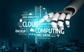 Futuristic Robotic Hand Reaching Towards Cloud Computing Concepts with Keywords about Data Analytics, Big Data, Security Royalty Free Stock Photo