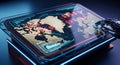 Futuristic robotic hand with red button interacts with glowing world map on tablet screen in dark technological setting Royalty Free Stock Photo