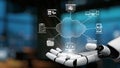 Futuristic Robot Hand Reaching Towards Cloud Technology with Various Digital Icons Representing Web Development and Royalty Free Stock Photo