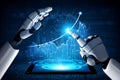 Futuristic Robotic Hand Touching Digital Screen with Data Visualization and Graphs in Background, Concept of Innovation Royalty Free Stock Photo