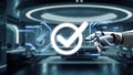 Futuristic robotic hand touching glowing check mark symbol over abstract digital background in advanced technology Royalty Free Stock Photo