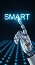 Futuristic robotic hand touching the word smart indicating artificial intelligence and innovation Royalty Free Stock Photo