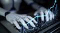 Futuristic robotic hands analyzing data trends on a laptop with digital graphs symbolizing artificial intelligence and Royalty Free Stock Photo