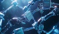 Robotic hands connecting blue cubes in a network, artificial intelligence concept Royalty Free Stock Photo