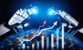 Futuristic robotic hands controlling data trends with glowing graphs and digital globe on dark background showcasing Royalty Free Stock Photo