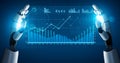 Futuristic robotic hands framing digital graph with data analysis elements, representing technology, innovation, and Royalty Free Stock Photo