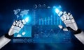 Futuristic robotic hands interacting with data analytics visualizations, showcasing technology, innovation, and Royalty Free Stock Photo