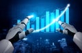 Futuristic robotic hands interacting with data charts and graphs in a digital financial environment Impute Royalty Free Stock Photo