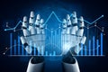 Futuristic robotic hands interacting with data visualization and charts indicating artificial intelligence growth and Royalty Free Stock Photo