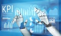 Futuristic robotic hands interacting with digital dashboard displaying key performance indicators, graphs, charts, and Royalty Free Stock Photo