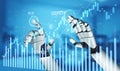 Futuristic Robotic Hands Interacting with Digital Financial Data, Analyzing Graphs and Charts Within a Technology-Driven Royalty Free Stock Photo