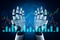 Futuristic robotic hands interacting with digital financial graphs and charts, representing advanced technology in data Royalty Free Stock Photo