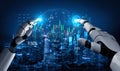 Futuristic robotic hands interacting with digital graphs and data analysis in a high-tech city skyline at night Scalp Royalty Free Stock Photo