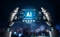 Futuristic robotic hands interacting with glowing artificial intelligence interface displaying data analytics and Royalty Free Stock Photo
