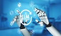 Futuristic Robotic Hands Interacting with Large Language Model Graphics Representing Technology and Innovation Concepts Royalty Free Stock Photo